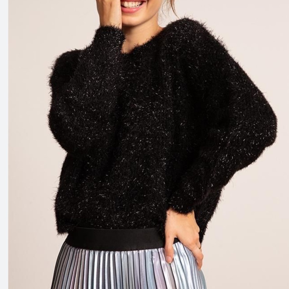 NWOT Lucy Paris Lola Black Sparkly Fuzzy Balloon Sleeve Cropped Sweater. Size M